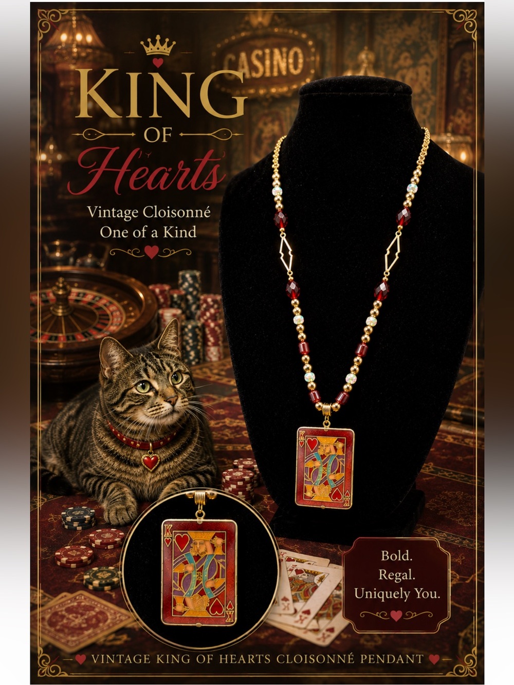 Vintage King of Hearts Cloisonné Pendant Necklace